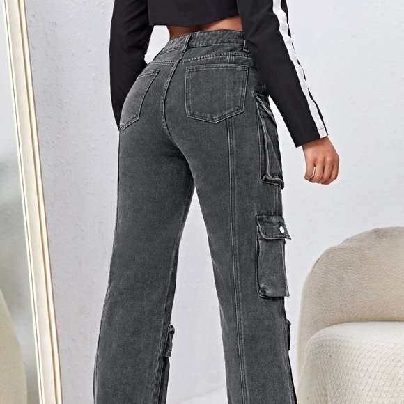 Casual High Waisted Flap Pocket Cargo Jeans Dark Grey - Picture 3 of 5
